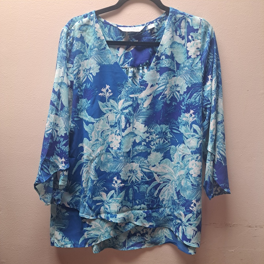 Beautiful by Lawrence Zarian Blue Tropical Palm V-Neck Blouse Womens Medium